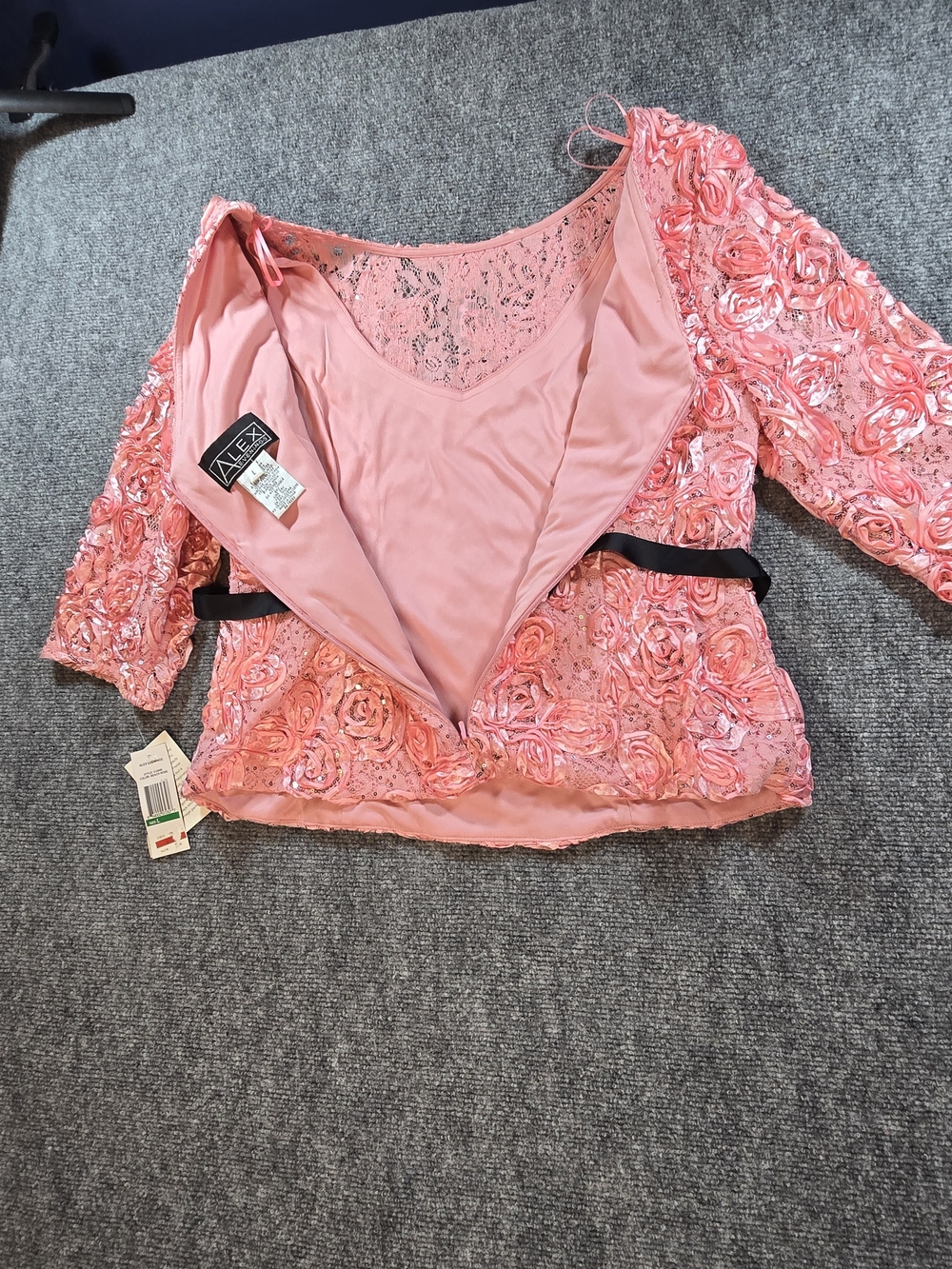Alex Evenings Pink Floral Applique Top Womens Large NWT Ribbon Waist - Picture 7 of 7